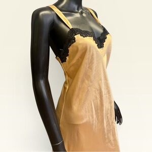 90s Vintage Midi Slip Dress Gold Satin Black Lace | Morgan Taylor